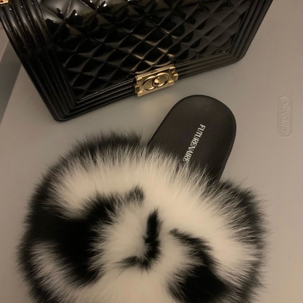 Fur Slide Sandals - Black and White